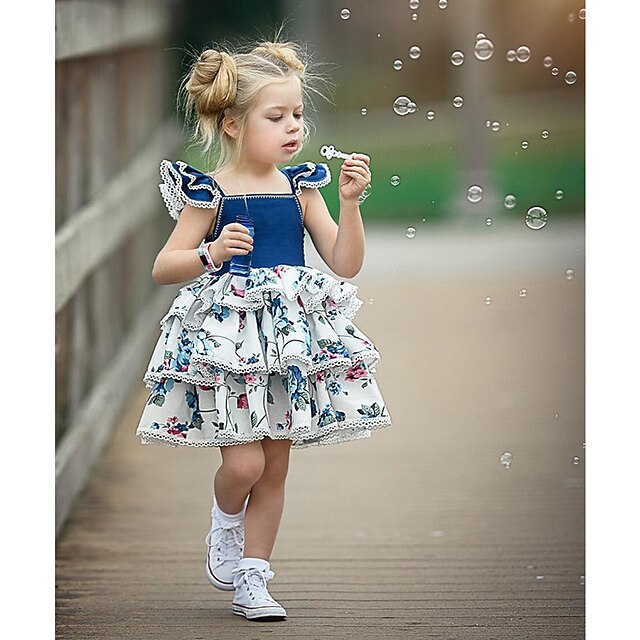  Baby Girls' Active Streetwear Party Birthday Cotton Blue & White Floral Lace up Print Sleeveless Regular Above Knee Dress Blue / Toddler