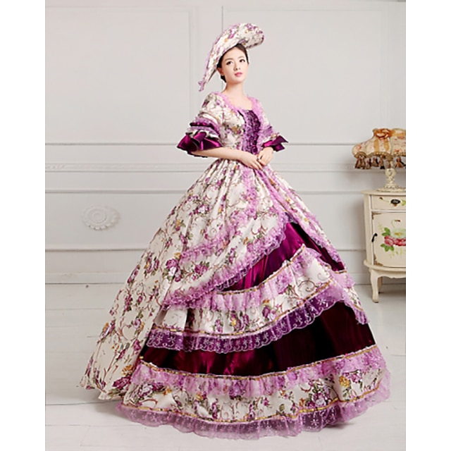  Rococo Victorian 18th Century Dress Party Costume Masquerade Women's Lace Satin Costume Purple Vintage Cosplay Party Prom Long Sleeve Floor Length Long Length / Hat