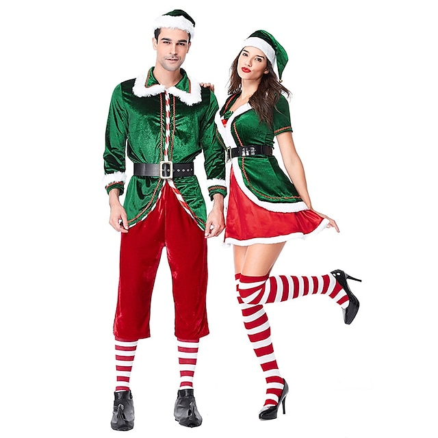  Santa Clothes Adults' Men's Halloween Christmas Christmas Halloween Carnival Festival / Holiday Polyster Green Men's Carnival Costumes Solid Colored Christmas / Top / Pants / Hat / Waist Belt / Top