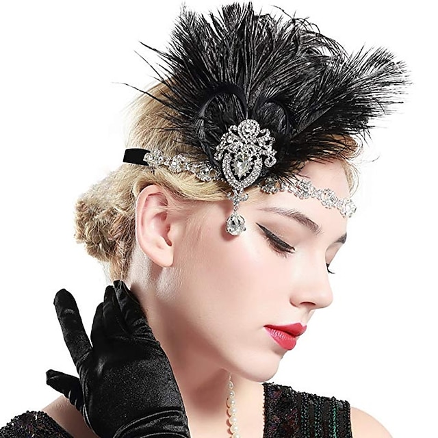  Vintage Brüllen 20s 1920s Ballkleid Flapper Stirnband Kopfbedeckung Kopfbedeckung Schmuck für die Stirn Der große Gatsby Charleston Dame Damen Feder Glasperlen Feder Halloween Party Veranstaltung