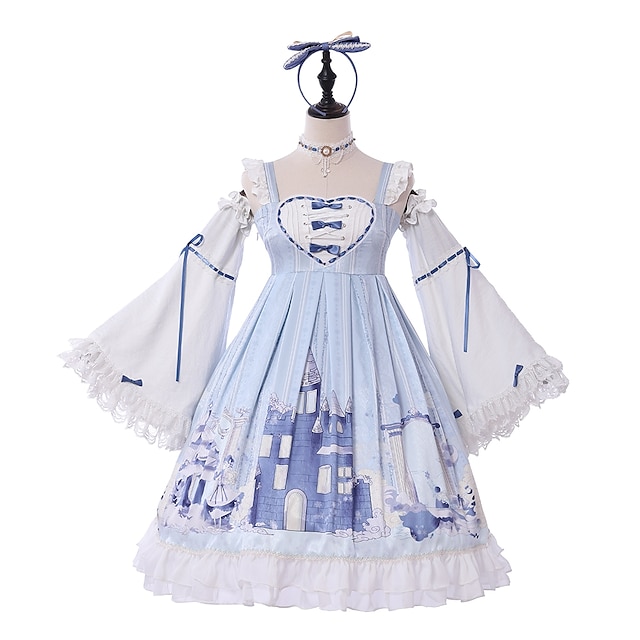  Sweet Lolita Princesa vestido de férias Vestidos Para Meninas Feminino Chifon Japanês Fantasias de Cosplay Azul Claro Padrão Rendas Borboleta Manga Longa Até os Joelhos