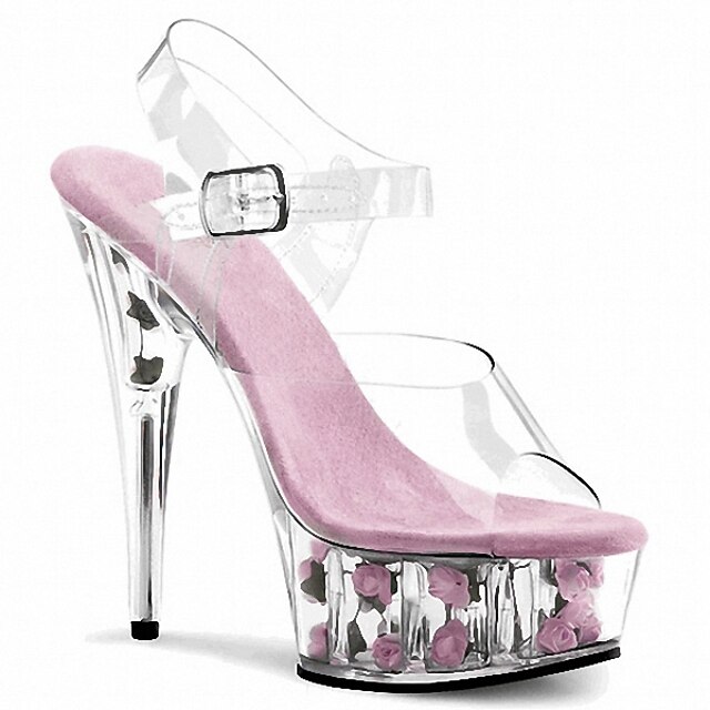  Mulheres Saltos Sandálias Plataforma Salto Agulha Sapatos clube Lucite Heel Casamento Festas & Noite Cristais Vazados Flor PVC Verão Branco / Vermelho / Fúcsia