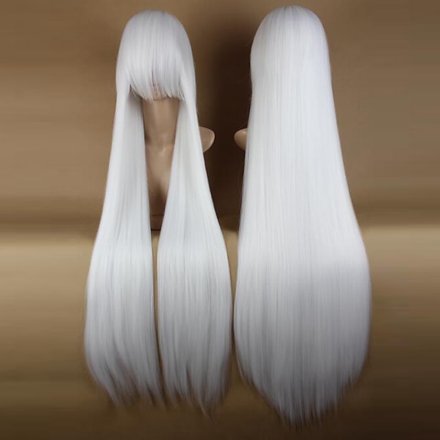  vita peruker för kvinnor cosplay peruk syntetisk peruk rak med lugg peruk mycket lång sidodel vit