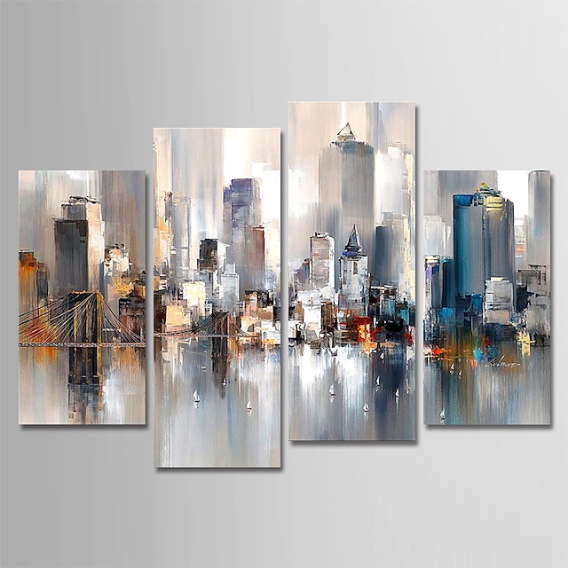  Hand-Painted Canvas Oil Painting Abstract City Landscape Set Of 4 For Home Decoration With Frame Ready To Hang With Stretched Frame