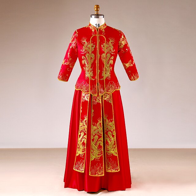  Bride Vintage Chinese Red Cheongsam Outfits Chinese Style Cheongsam Qipao Women's Sequins Silk Costume Red+Golden Vintage Cosplay Engagement Party Bridal Shower Long Sleeve