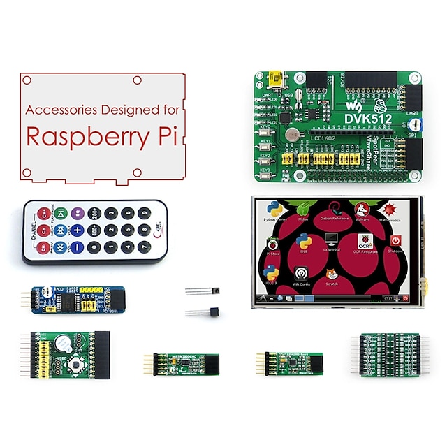  pakiet akcesoriów (typ a) do raspberry pi, w tym płytka rozszerzająca dvk512, lcd, moduły i kable (raspberry pi nie znajduje się w zestawie)