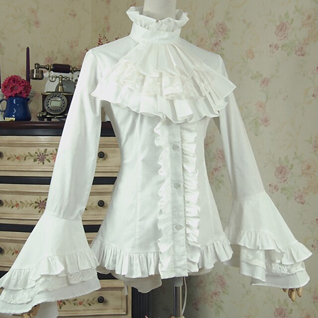  Princess Lolita Victorian Blouse / Shirt Women's Female Cotton Japanese Cosplay Costumes White Solid Colored Vintage Flare Cuff Sleeve Long Sleeve