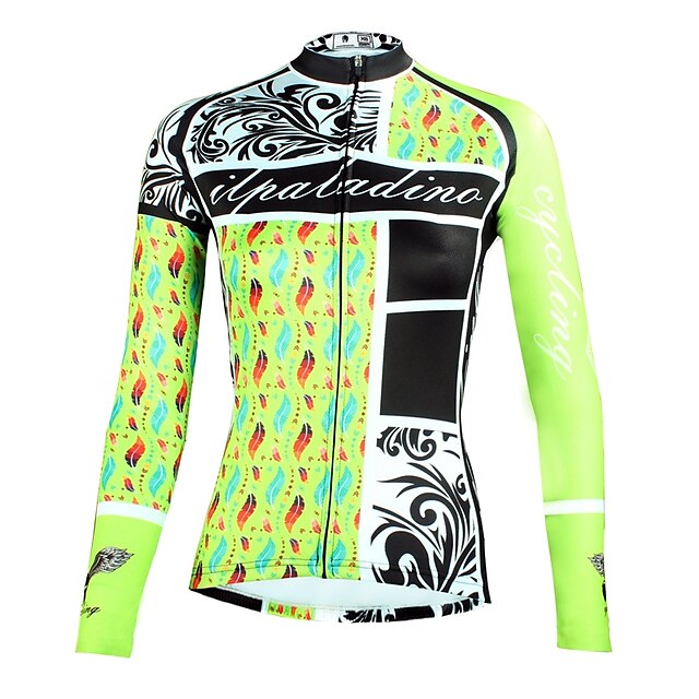  ILPALADINO Women's Cycling Jersey Long Sleeve Winter Bike Top with 3 Rear Pockets Mountain Bike MTB Road Bike Cycling Breathable Ultraviolet Resistant Quick Dry Mint Green Floral Botanical Elastane