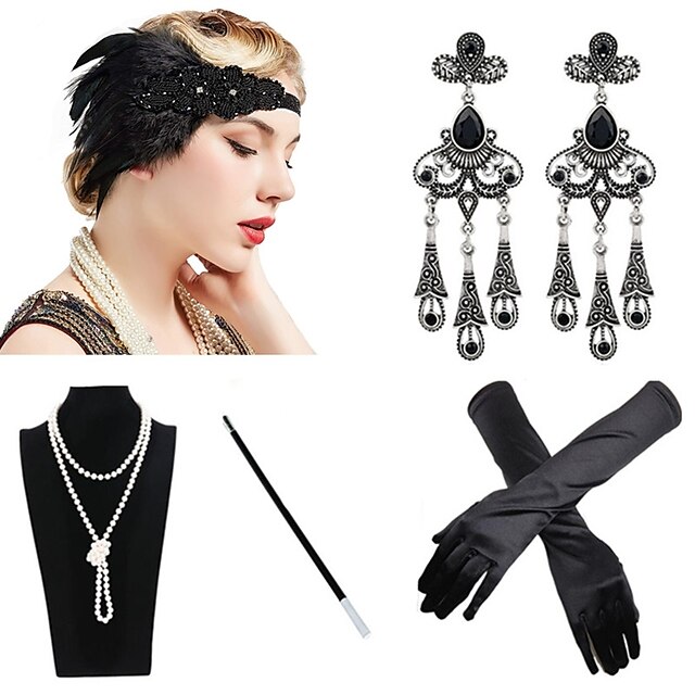 1920s Accessories Set Flapper Headband,Earrings,Pearl Necklace,Gloves,Net Tights,Pearl Bracelet 