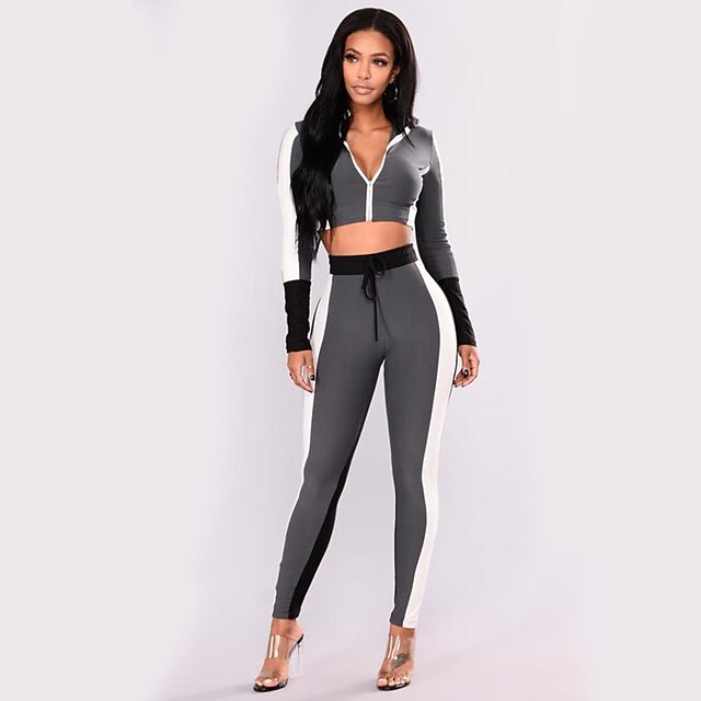  Women's Tracksuit Yoga Suit Winter 2 Piece Full Zip Leggings Crop Top Clothing Suit Grey Fitness Gym Workout Running High Waist Tummy Control Butt Lift Squat Proof Long Sleeve Sport Activewear High