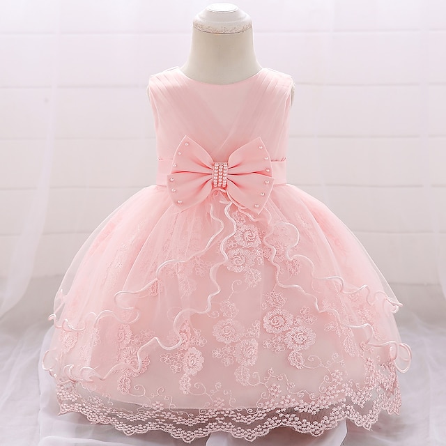  baby piger kjole festkjole fødselsdag barnedåb bomuld babytøj blå pink lavendel blomstret blonde mesh kjole ærmeløs knælang sommerkjole