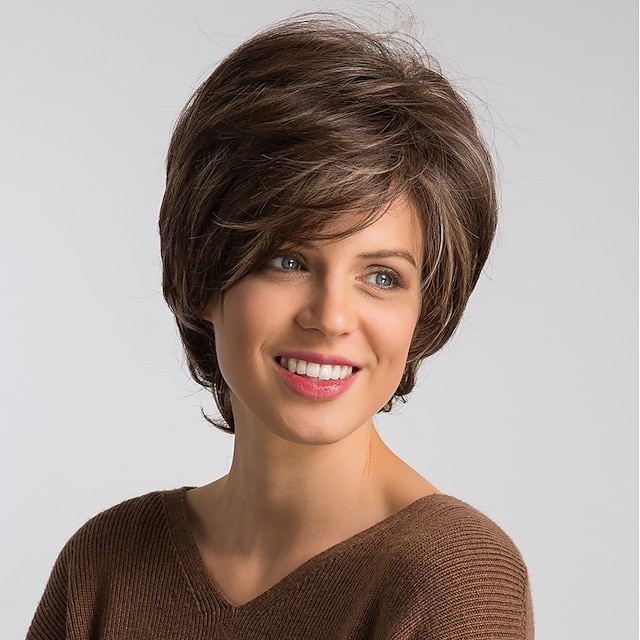  Synthetic Wig Natural Straight Bob Pixie Cut Wig Medium Length Brown Synthetic Hair 10 inch Women's Fashionable Design New Arrival Natural Hairline Brown MAYSU