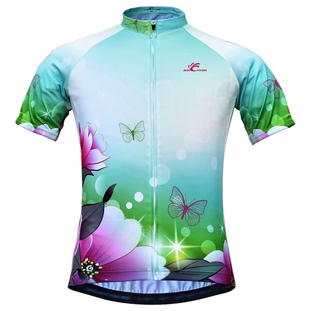  JESOCYCLING Women's Cycling Jersey Short Sleeve Bike Jersey Top with 3 Rear Pockets Mountain Bike MTB Road Bike Cycling Breathable Quick Dry Moisture Wicking Green Floral Botanical Polyester Sports