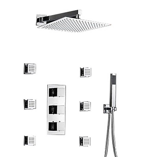  Brusebad Sæt - Regnfald Moderne Krom Vægmonteret Messing Ventil Bath Shower Mixer Taps / Tre Håndtag tre huller