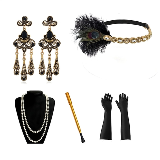  Vintage Roaring jaren '20 Jaren 1920 Gatsby Handschoenen Jaren ‘20 flapper hoofdband Accessoires ingesteld Hoofddeksels Oorbel The Great Gatsby Charleston Dames Kwastje Effen Kleur Kwastje