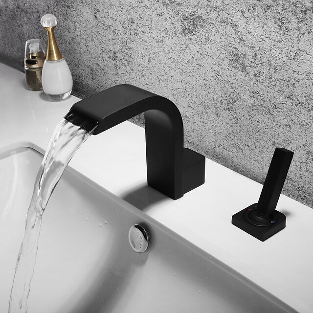  Bathroom Sink Faucet - Waterfall Black Widespread Single Handle Two HolesBath Taps