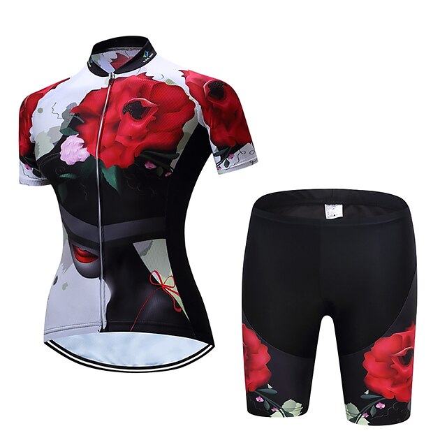  Women's Short Sleeve Cycling Jersey with Shorts Polyester Red Floral Botanical Bike Clothing Suit Quick Dry Moisture Wicking Sports Floral Botanical Mountain Bike MTB Road Bike Cycling Clothing
