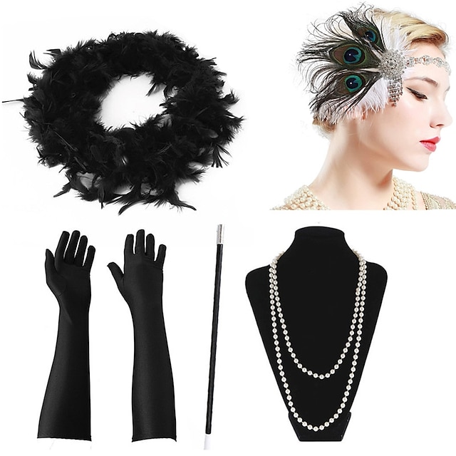  1920s The Great Gatsby Costume Accessory Sets Flapper Headband Accessories Set Head Jewelry Pearl Necklace The Great Gatsby Charleston Women's Tassel Fringe Gloves
