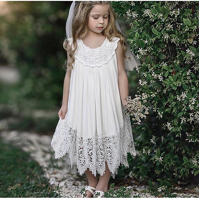  Bambino Da ragazza Dolce Quotidiano Tinta unita Pizzo Senza maniche Maxi Vestito Bianco