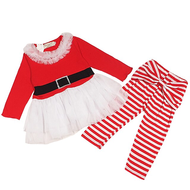  Baby Girls' Active Basic Christmas Holiday Cotton Solid Colored Christmas Mesh Bow Long Sleeve Regular Clothing Set Red / Toddler