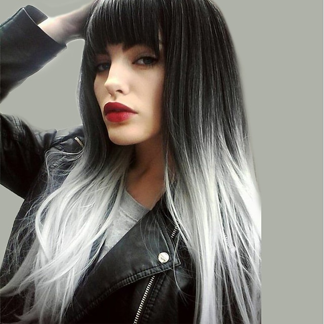 Szare peruki dla kobiet peruka syntetyczna naturalna prosta czarno-biała 24 cale włosy ombre naturalna linia włosów czarne peruki świąteczne