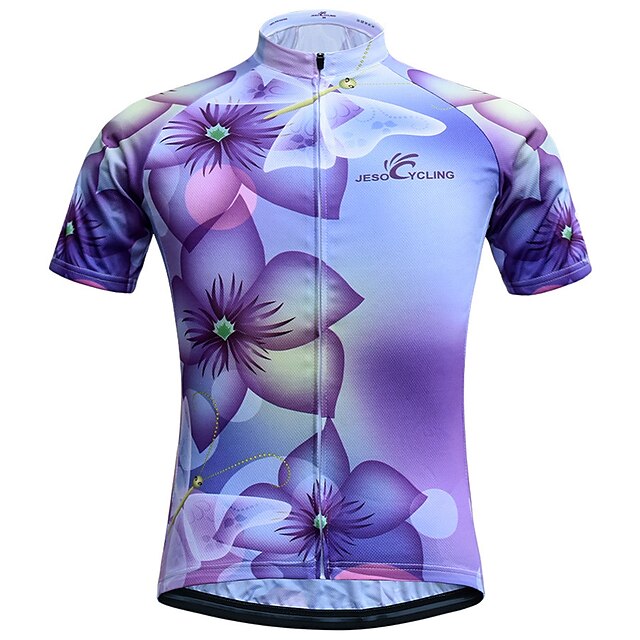  JESOCYCLING Women's Short Sleeve Cycling Jersey - Purple Floral / Botanical Plus Size Bike Jersey Top Breathable Quick Dry Back Pocket Sports 100% Polyester Mountain Bike MTB Road Bike Cycling