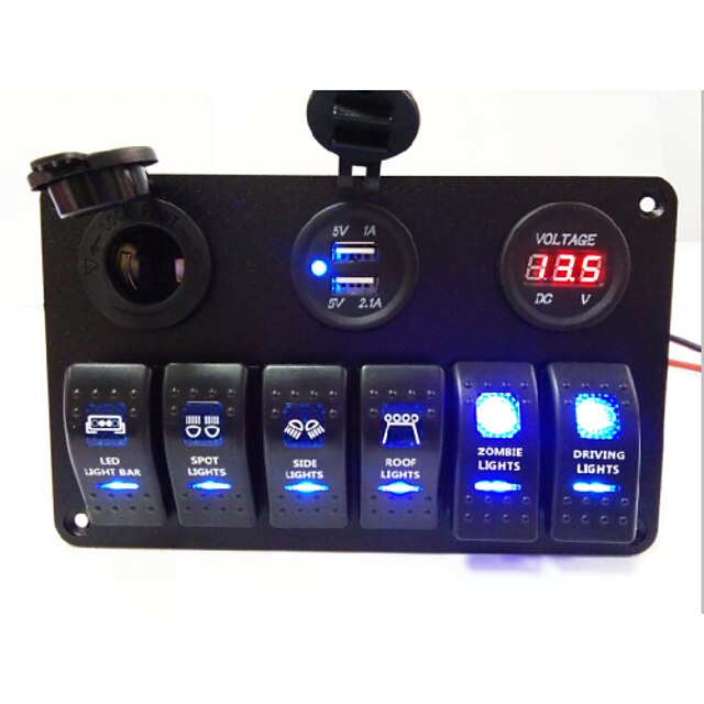  6-os, 1 led-es kapcsoló panel, kettős kék fény usb töltővel és tápcsatlakozóval, voltmérővel, porvédővel