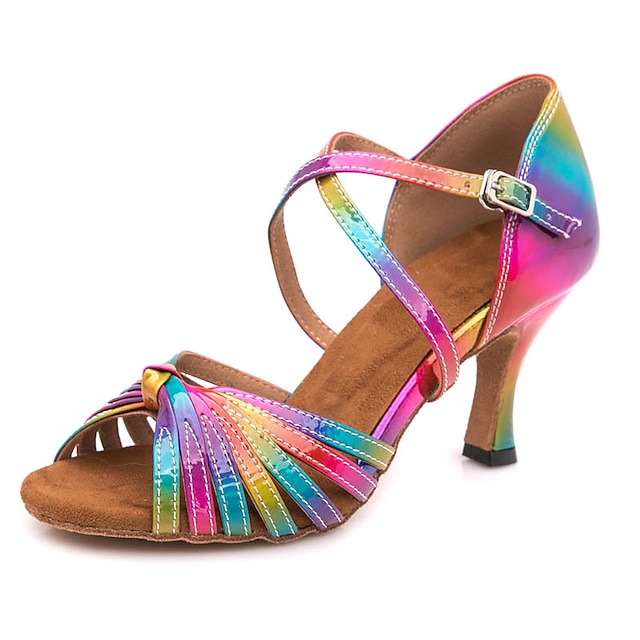  Women's Latin Shoes Ballroom Shoes Line Dance Party Training Indoor Pattern / Print Sandal Buckle Slim High Heel Cross Strap Rainbow / Performance