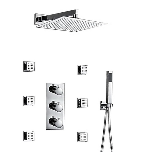  Duscharmatur, 12-Zoll-Chrom-Duscharmaturen-Sets komplett mit Messing-Duschkopf und massiver Messing-Handbrause + wandmontiertem Regenduschkopfsystem (enthält Körpersprays, Duscharm, Handbrause)