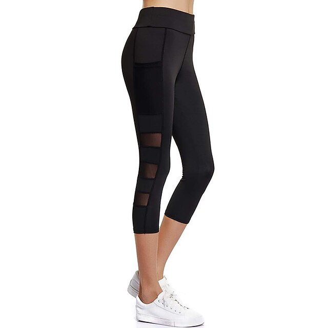 Womens Capri YOGA Workout Running Gym Sport Pants Leggings Fitness Black Mesh 