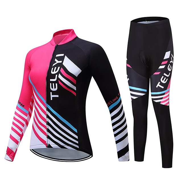  Women's Long Sleeve Cycling Jersey with Tights Winter Fleece Polyester Pink Stripes Bike Clothing Suit Fleece Lining Breathable Sports Stripes Mountain Bike MTB Road Bike Cycling Clothing Apparel