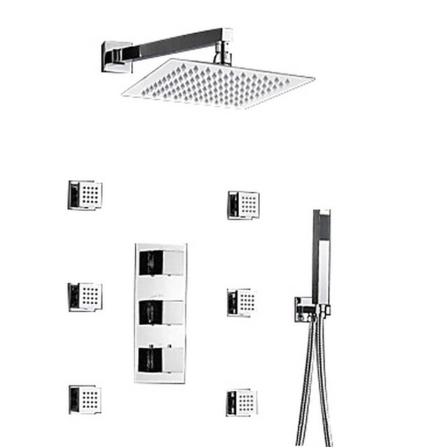  Ensemble de douche Ensemble - Effet pluie contemporain Chrome Montage mural Soupape en laiton Bath Shower Mixer Taps / Laiton / Trois poignées trois trous