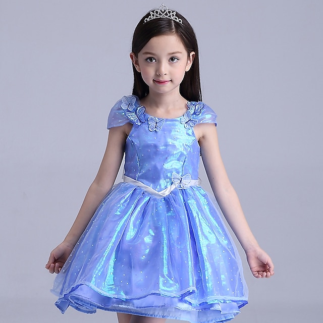  Princess Cinderella Cosplay Costume Flower Girl Dress Kid's Girls' A-Line Slip Dresses Mesh Christmas Halloween Carnival Festival / Holiday Tulle Cotton Blue Carnival Costumes Lace