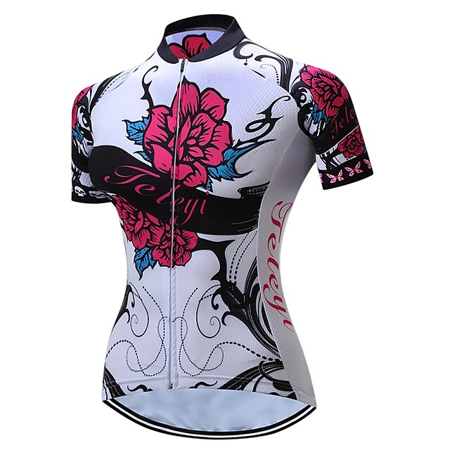  Women's Short Sleeve Cycling Jersey Polyester Red and White Floral Botanical Plus Size Bike Jersey Top Mountain Bike MTB Road Bike Cycling Breathable Quick Dry Moisture Wicking Sports Clothing Apparel