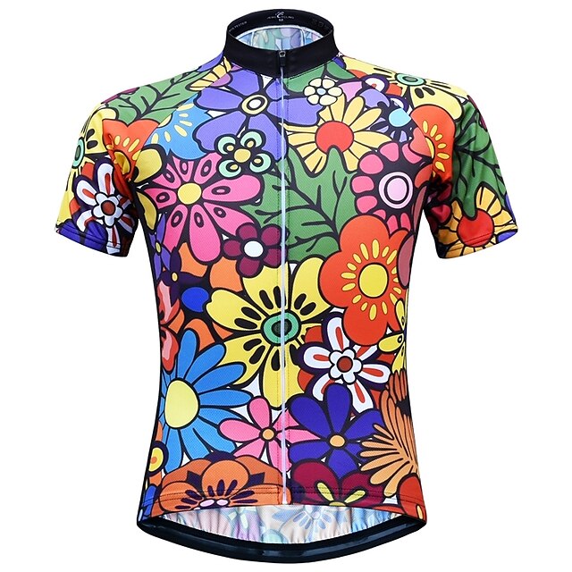  JESOCYCLING Women's Short Sleeve Cycling Jersey Summer Polyester Black Rainbow Floral Botanical Bike Jersey Quick Dry Moisture Wicking Breathable Back Pocket Sports Rainbow Mountain Bike MTB Road