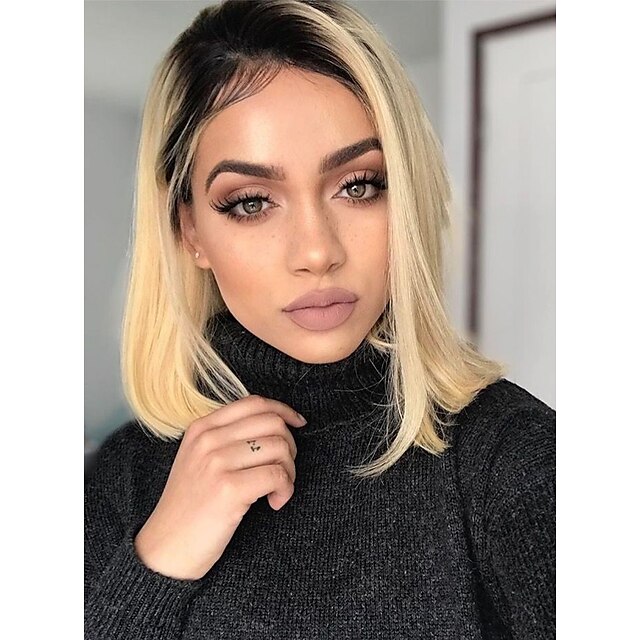  Virgin Human Hair Lace Front Wig Bob Emma style Brazilian Hair Silky Straight Blonde Wig 150% Density Heat Resistant Cool with Clip Glueless Women's Medium Length Human Hair Lace Wig WoWEbony