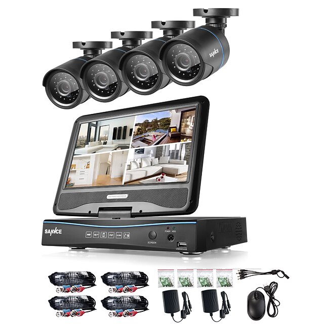  SANNCE® 8CH 4PCS 720P LCD DVR Weatherproof Surveillance Security System Supported Analog AHD TVI IP Camera