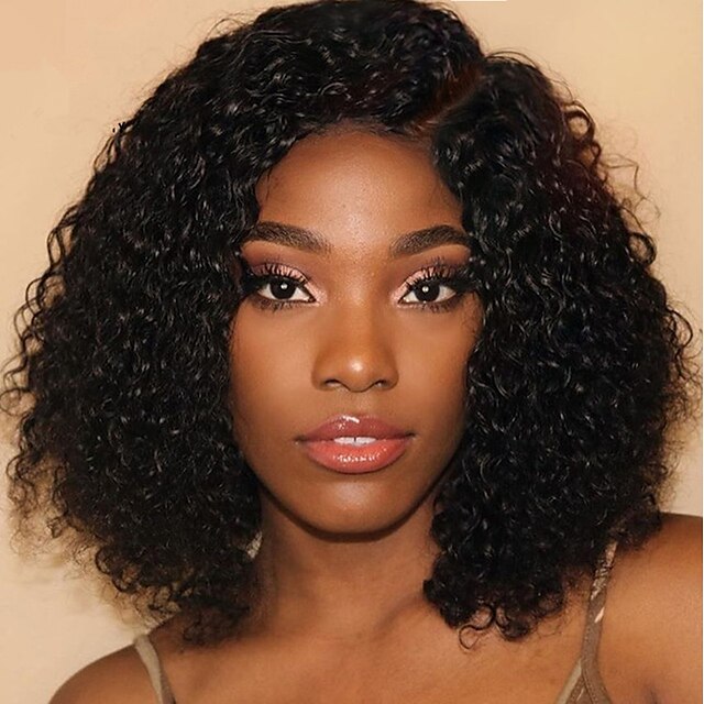  Remy Human Hair Full Lace Lace Front Wig Asymmetrical Rihanna style Brazilian Hair Afro Curly Kinky Curly Natural Black Wig 130% 150% 180% Density Soft Women Best Quality Hot Sale Natural Hairline