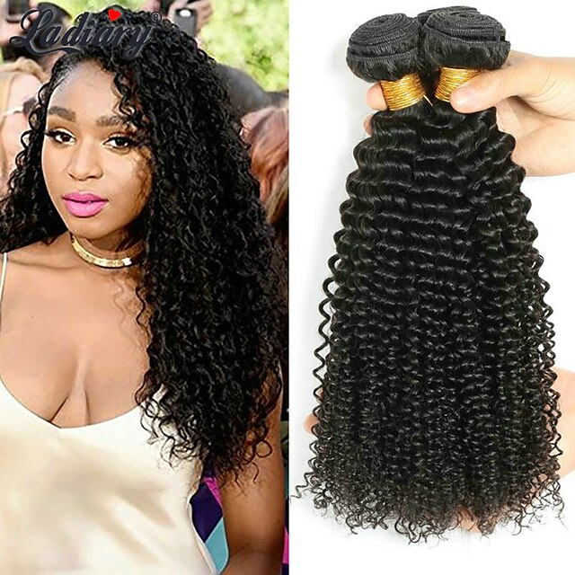  3 Bundles Kinky Curly Human Hair Unprocessed Human Hair Headpiece Natural Color Hair Weaves / Hair Bulk Hair Care 8-28 inch Natural Color Human Hair Weaves Soft Thick Comfortable Human Hair Extensions