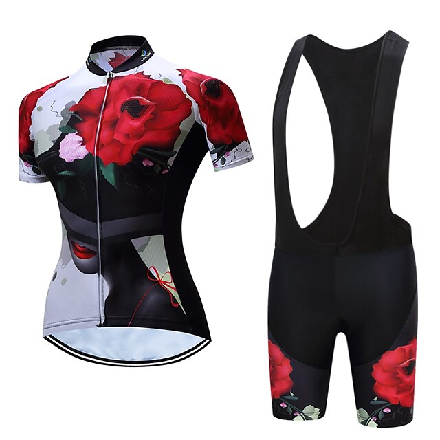  Women's Short Sleeve Cycling Jersey with Bib Shorts Polyester Black White Floral Botanical Bike Clothing Suit Breathable Quick Dry Moisture Wicking Sports Floral Botanical Mountain Bike MTB Road Bike