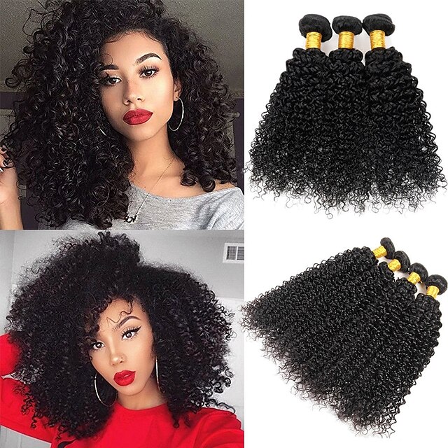  3 Bundles Hair Weaves Peruvian Hair Kinky Curly Human Hair Extensions Remy Human Hair 100% Remy Hair Weave Bundles 300 g Natural Color Hair Weaves / Hair Bulk Human Hair Extensions 8-28 inch Natural