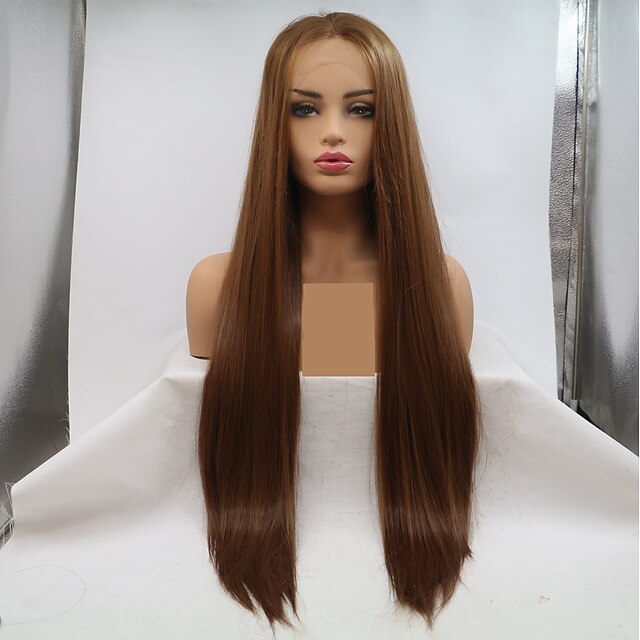 Synthetic Lace Front Wig kinky Straight Layered Haircut Lace Front Wig Long Brown Synthetic Hair 24 inch Women's Women Brown Sylvia