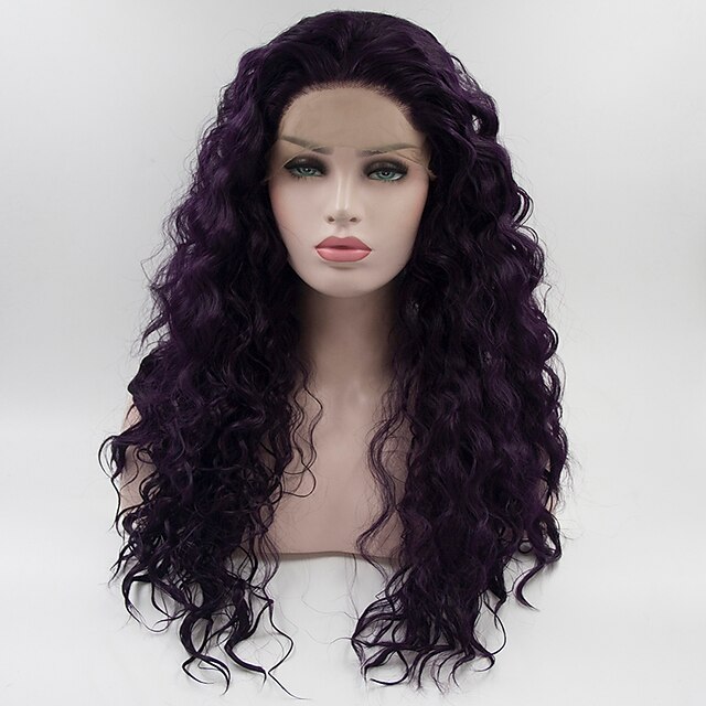  Synthetic Lace Front Wig Curly Free Part Lace Front Wig Long Dark Purple Synthetic Hair 18-26 inch Women's Adjustable Lace Heat Resistant Purple