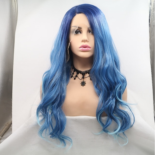  Peruca frontal de renda sintética Onda de Corpo Corte em Camadas Frente de Malha Peruca Longo Azul Real Cabelo Sintético 24 polegada Mulheres Feminino Azul Sylvia