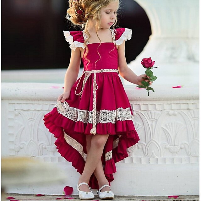  Kids Girls' Street chic Party Solid Colored Lace Sleeveless Asymmetrical Dress Red