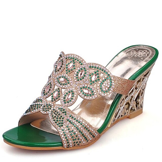  Women's Sandals Wedge Heel Open Toe Wedding Party & Evening Rhinestone Sequin Floral PU Summer Gold / Green