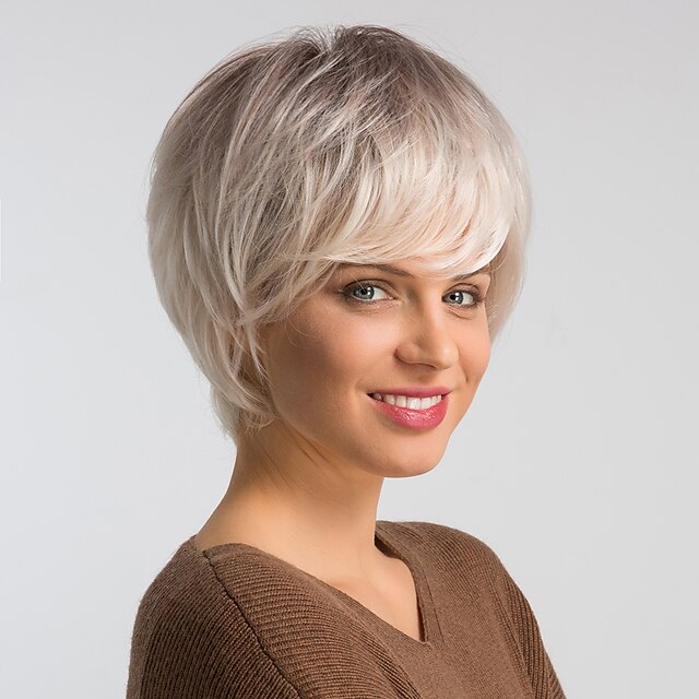  Human Hair Wig Short Natural Straight Pixie Cut Silver Blonde Brown Fashionable Design Easy dressing Comfortable Capless Women's Brown Silver Light Blonde 8 inch / Ombre Hair / Natural Hairline