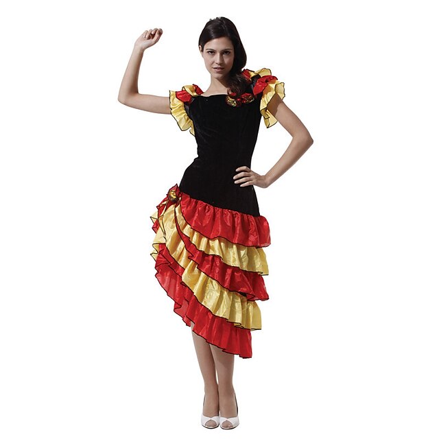  Ισπανική κυρία Λατινική χορεύτρια Ενηλίκων Γυναικεία Φλαμένκο φόρεμα διακοπών Φορέματα Για Τούλι Πολυεστέρας Patchwork Halloween Απόκριες Μασκάρεμα Φόρεμα