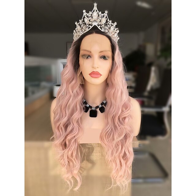  Synthetic Lace Front Wig Wavy Kardashian Layered Haircut Lace Front Wig Pink Long Black / Pink Synthetic Hair 24 inch Women's Women Ombre Hair Black Pink Sylvia