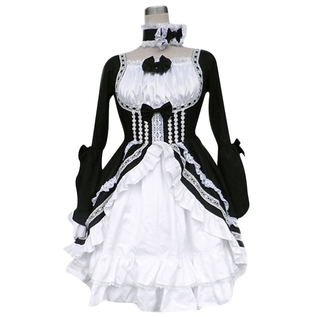  Gothic Lolita Vacation Dress Dress Women's Girls' Cotton Japanese Cosplay Costumes Plus Size Customized Black Ball Gown Patchwork Color Block Long Sleeve Medium Length